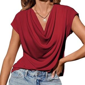 EVALESS Red Cowl Neck Blouse Short Sleeve Draped Top Workwear Size Medium